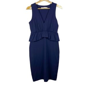 SUSANA MONACO Navy Blue Sleeveless V-neck Bodycon Peplum Midi Dress, Size Small